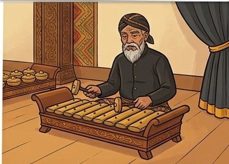 Ilustrasi pemusik gamelan sedang menabuh